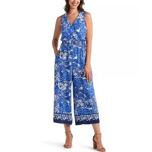 BCX Juniors' Blue Resort Print V-Neck Jumpsuit Size L NWT